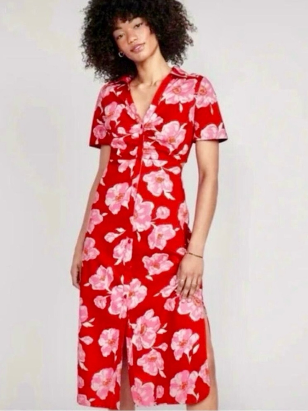 NWT Old Navy Size Small Floral Pink & Red 100% Cotton V-Neck Midi Shirtdress